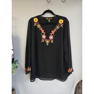 Mirasol Woman Boho Embroidered Mirror V-Neck Blouse Black Plus Size 1X